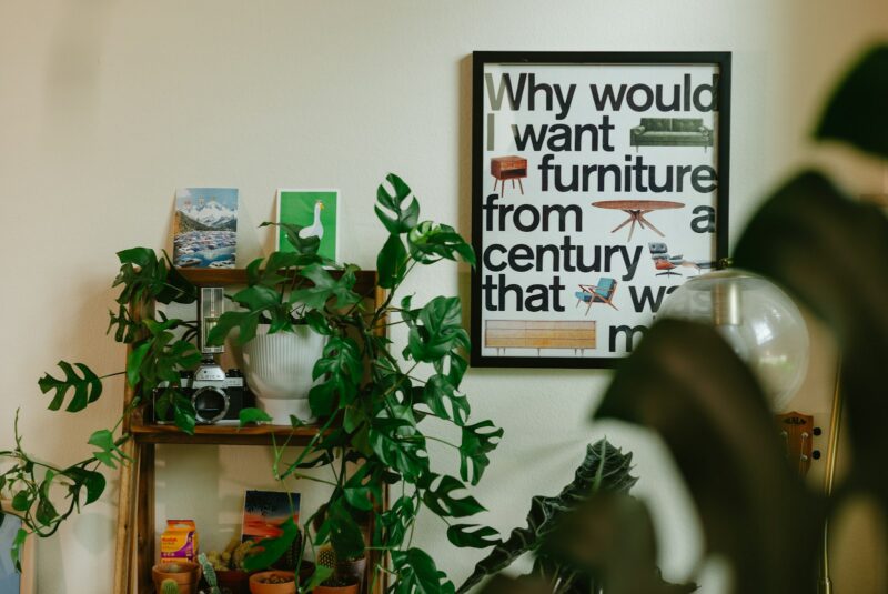 A room with plants, shelf, and a framed quote.