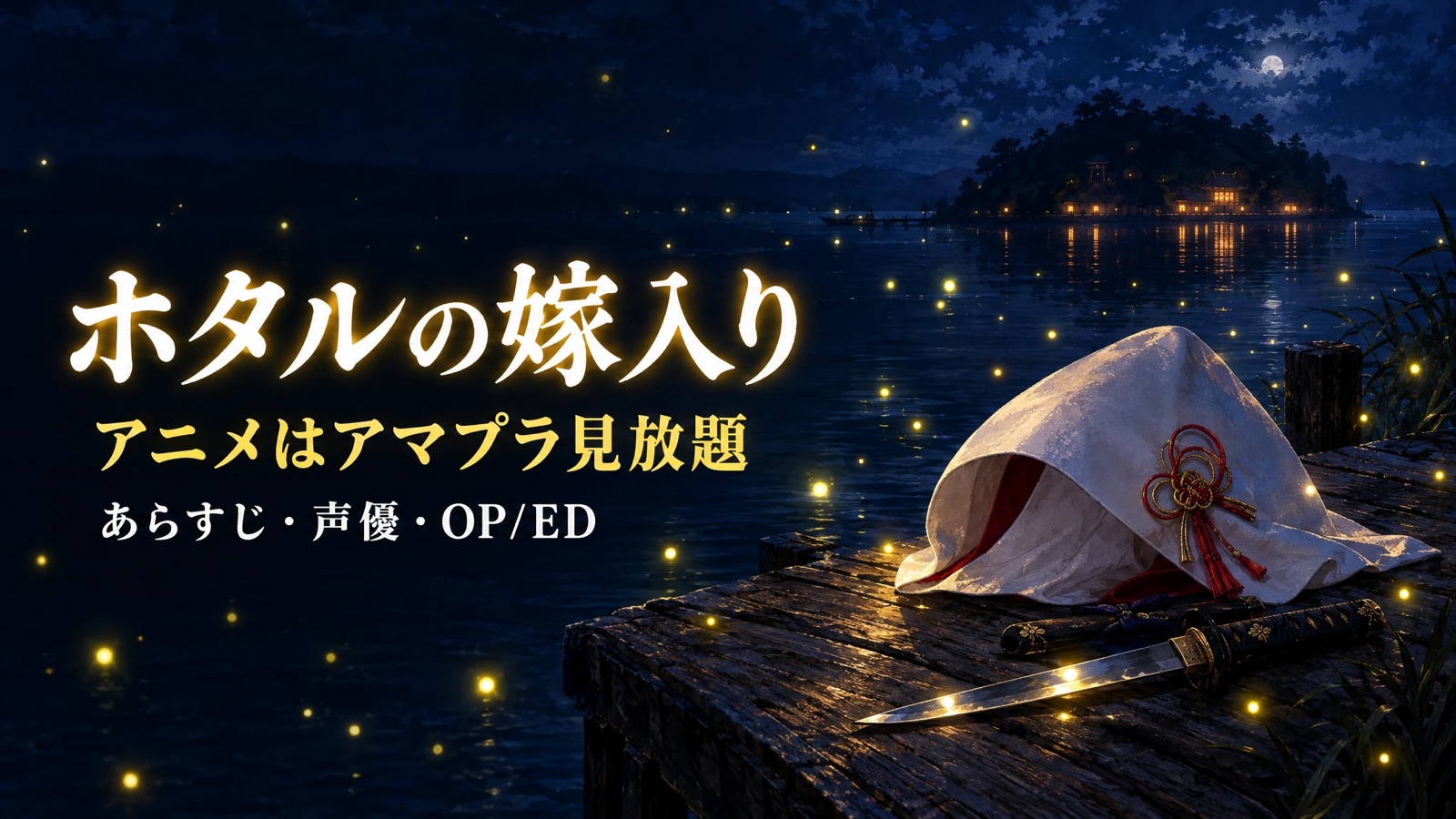 アニメ「ホタルの嫁入り」の記事のアイキャッチ。「ホタルの嫁入り アニメはアマプラ見放題 あらすじ・声優・OP/ED」の文字と、夜の水辺に舞うホタル、桟橋に置かれた白い綿帽子と水引と短刀、灯りのともる島