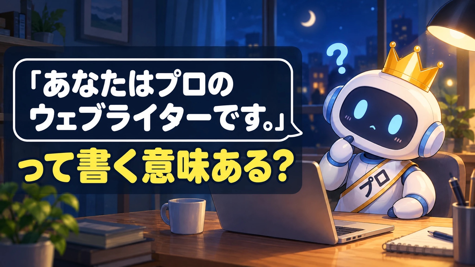 「あなたはプロのウェブライターです。」って書く意味ある？の文字と、「プロ」の冠とたすきを付けられて首をかしげる小さなロボット。役割プロンプトの記事のアイキャッチ