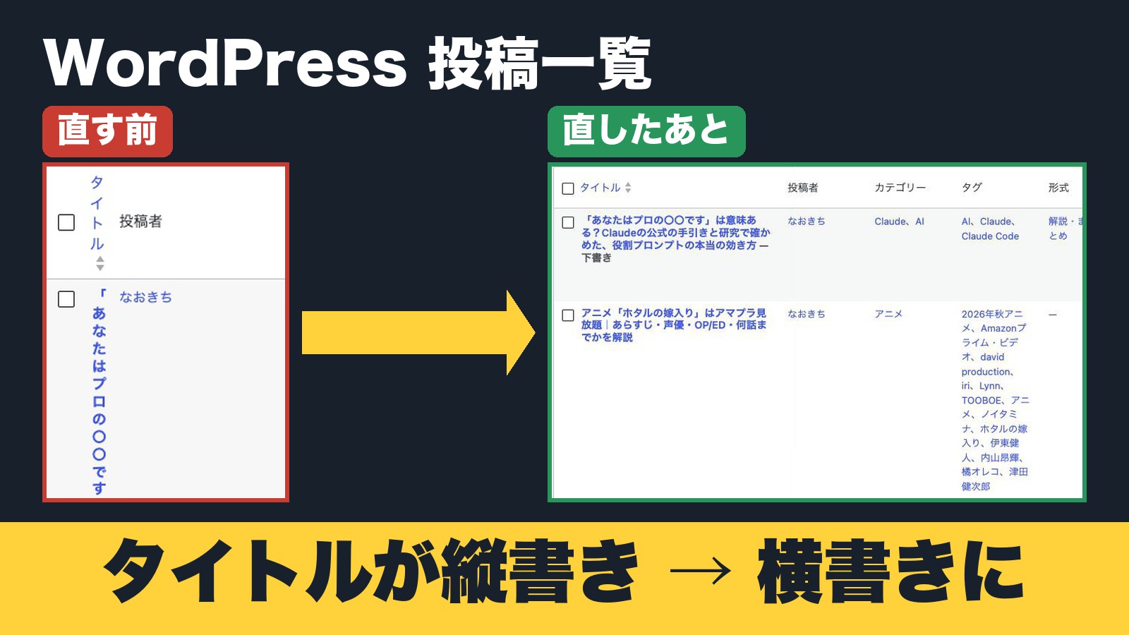 WordPressの投稿一覧で、縦に1文字ずつ並んでいたタイトルが、直したあと横書きで読めるようになった前後の比較
